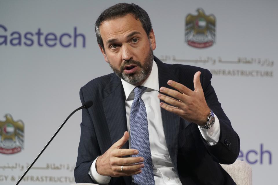 Turkish Deputy Energy Minister Alparslan Bayraktar gestures during a discussion on stage at the Gastech 2021 conference in Dubai, United Arab Emirates, Tuesday, Sept. 21, 2021. Energy officials from Qatar and Turkey, long-standing foes of the United Arab Emirates, descended on Dubai along with hundreds of other executives on Tuesday, flocking to the largest gas expo in the world and the industry's first in-person conference since the pandemic began. (AP Photo/Jon Gambrell)