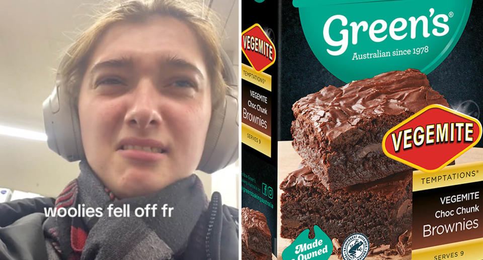 A photo of the Woolworths customer who was shocked by Green's Vegemite Choc Chunk Brownies. A photo of the brownies packaging. 
