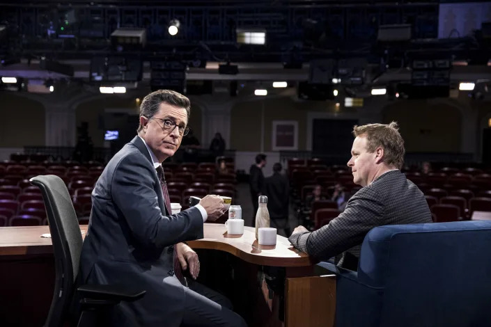 Stephen Colbert, left, with Chris Licht, then a showrunner and executive producer of &quot;The Late Show with Stephen Colbert,&quot; in New York, April 4, 2017. (Chad Batka/The New York Times)
