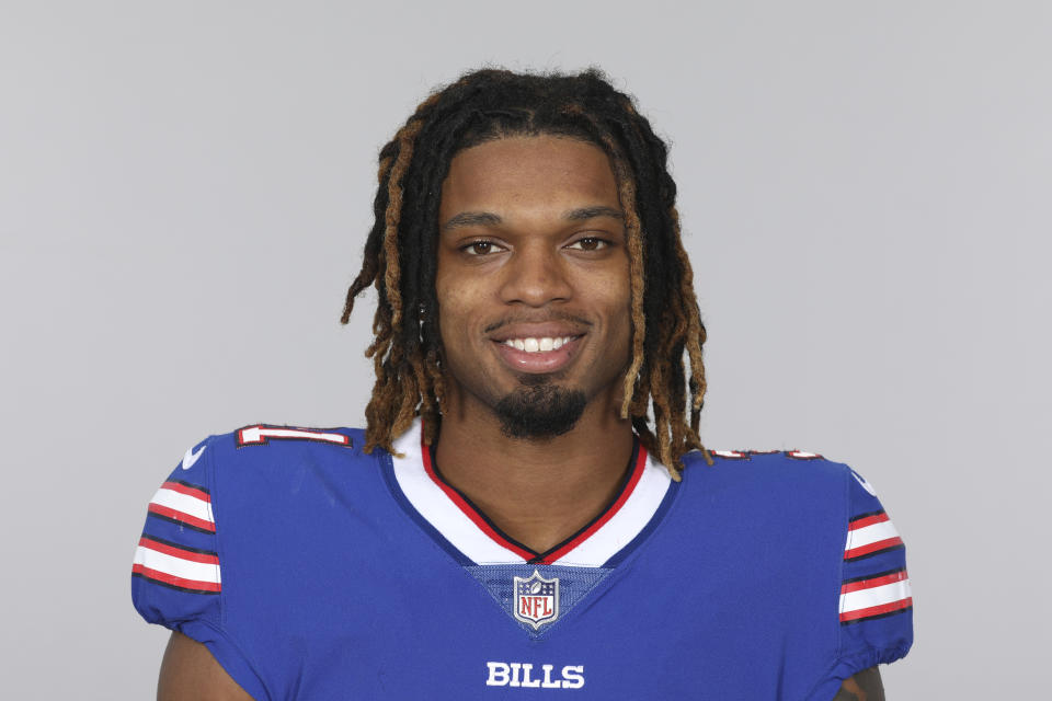 FILE - Damar Hamlin of the Buffalo Bills NFL football team smiles May 12, 2021. Damar Hamlin plans to support young people through education and sports with the $8.6 million in GoFundMe donations that unexpectedly poured into his toy drive fundraiser after he suffered a cardiac arrest in the middle of a game last week.(AP Photo)