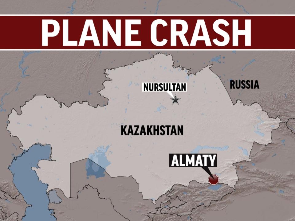 Kazakhstan shaded relief map highlighted, with NURSULTAN (capital) and ALMATY locators, with lettering PLANE CRASH, finished graphic