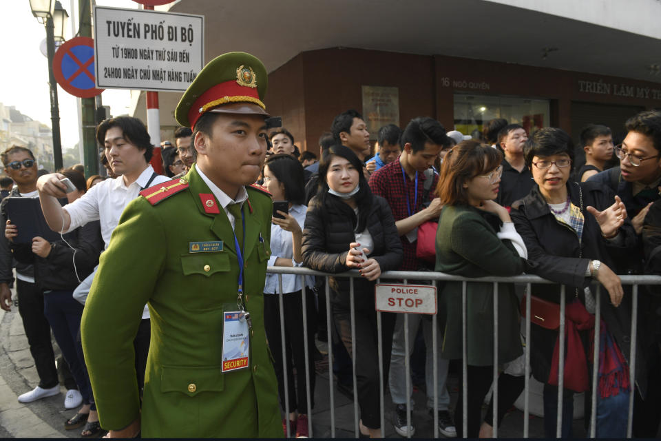 Security keeps watch near the area where U.S. President Donald Trump and North Korean leader Kim Jong Un will meet for dinner in Hanoi, Vietnam, Wednesday, Feb. 27, 2019. (AP Photo/Susan Walsh)