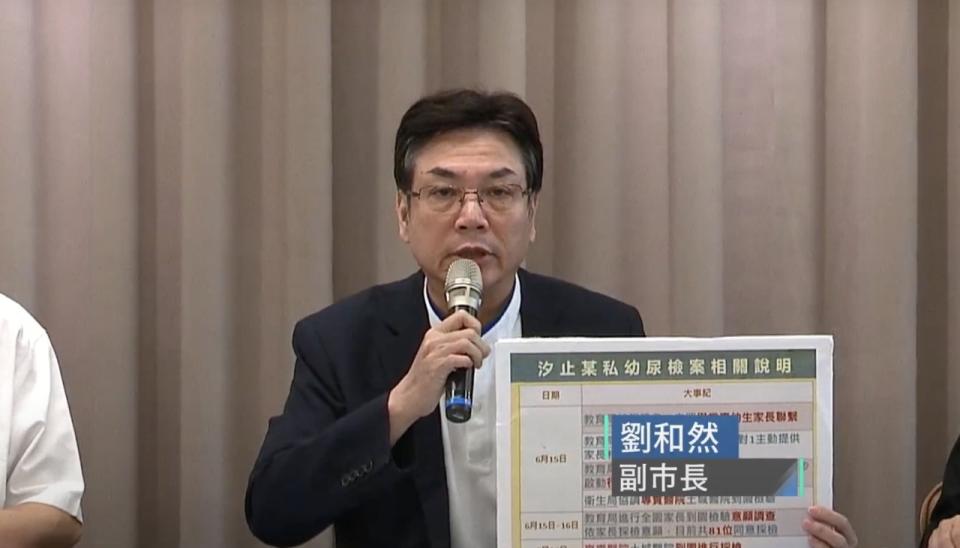 新北副市長劉和然17日召開記者會，說明汐止幼兒園幼童驗出微量安眠藥反應的處理過程。(翻攝我的新北市YouTube)
