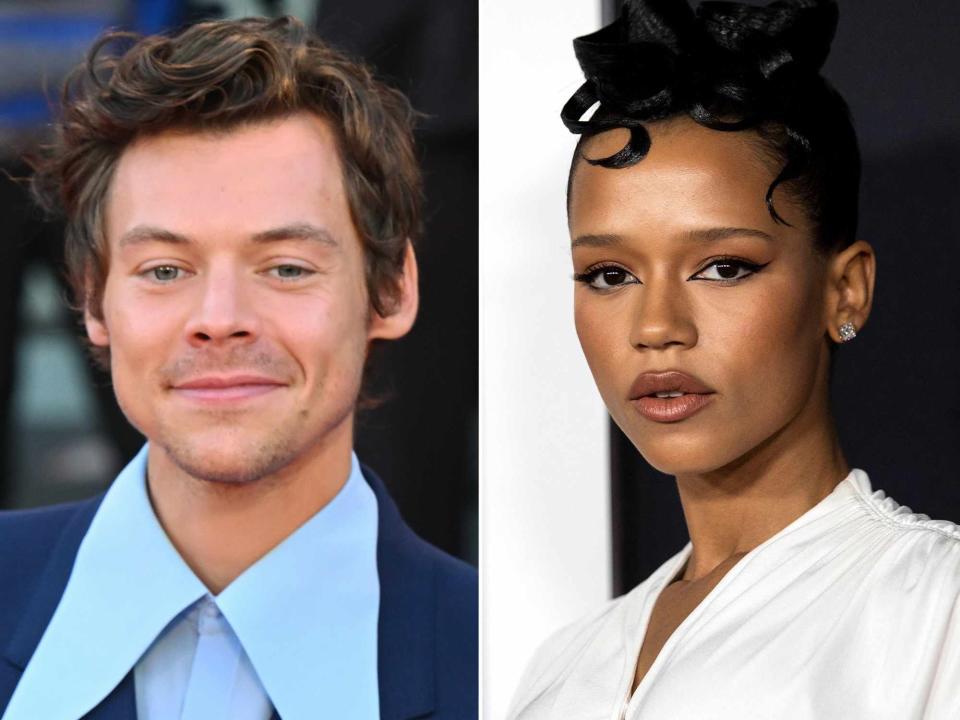 <p>Stephane Cardinale - Corbis/Corbis/Getty ; AUDE GUERRUCCI/AFP/Getty</p> Harry Styles in September 2022; Taylor Russell in November 2022