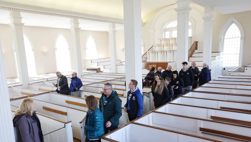 Missionaries lead the first Kirtland Temple tour since stewardship of the sacred building transferred from Community of Christ to The Church of Jesus Christ of Latter-day Saints, in Kirtland, Ohio, on Monday, March 25, 2024.