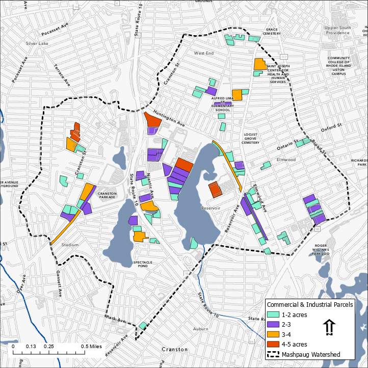 A map of the Mashapaug Watershed in Providence and Cranston with properties highlighted that would have to take care of their stormwater under a plan by state authorities.