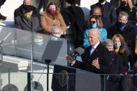 WASHINGTON, DC - JANUARY 20: U.S. President Joe Biden delivers his inaugural address on the West Front of the U.S. Capitol on January 20, 2021 in Washington, DC. During today's inauguration ceremony Joe Biden becomes the 46th president of the United States. (Photo by Alex Wong/Getty Images)