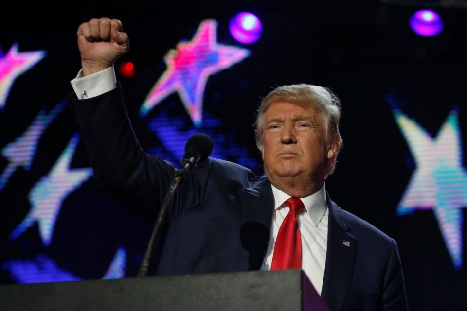 Trump speaks at a Hindu charity concert in Edison, N.J., on Saturday. (Jonathan Ernst/Reuters)