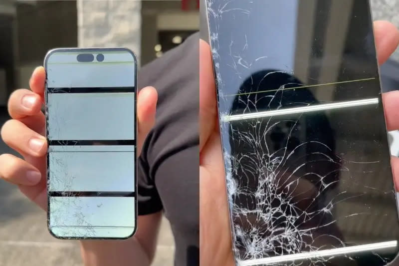 ▲雷神今日拿到iPhone 15後，在好市多門口成為「全台首摔」案例，他將iPhone 15往下直線摔落4次後，螢幕從左下角開始「蜘蛛網式」碎裂。（圖／翻攝自TikTok「陳雷秀鳳｜雷神修蘋果」）