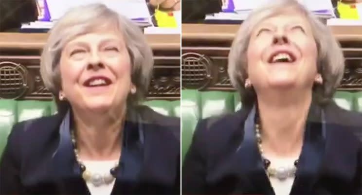 Theresa May laughs during Budget 2017