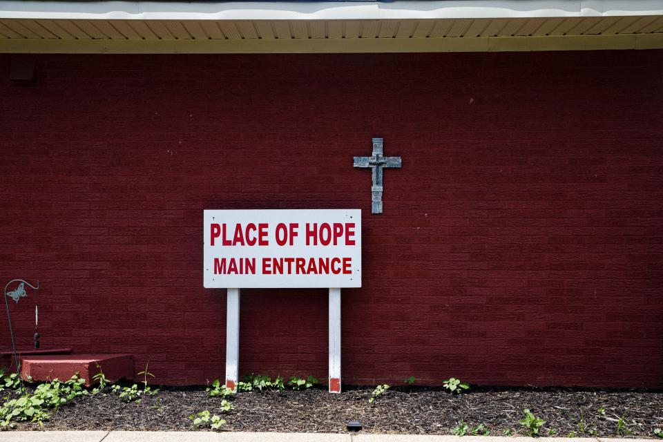 An entrance sign sits outside Place of Hope, a faith-based rehabilitation center in Columbia, Tenn. on Tuesday, Aug. 1, 2023.
