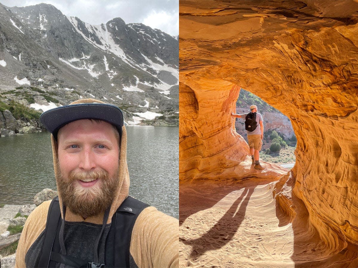 timothy moore selfie in front of sky pond (left), sand caves (right)