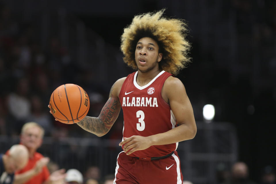 Alabama guard JD Davison dribbles the ball during a game against Gonzaga.