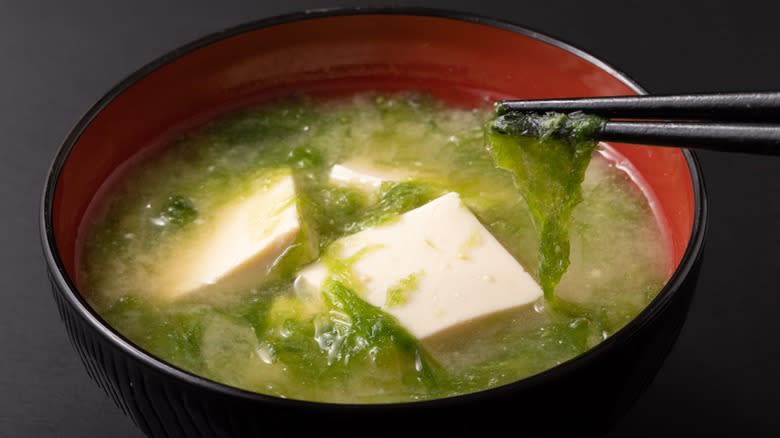 Sea lettuce in a bowl of miso soup