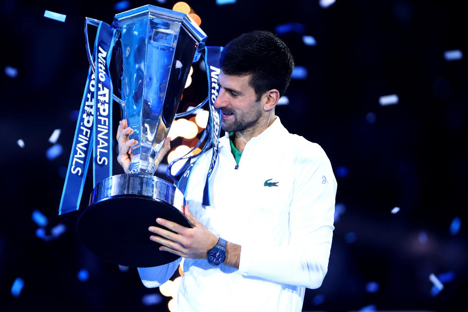 Novak Djokovic (pictured) with the ATP Finals trophy.