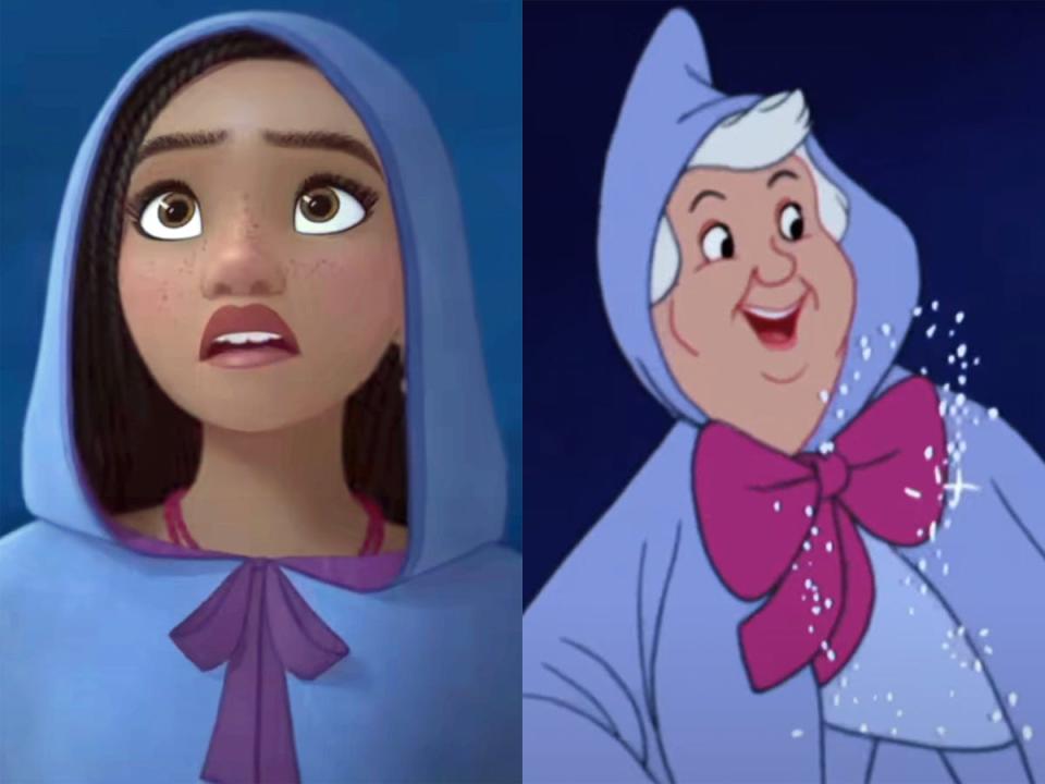 Side by sides of Asha from "Wish" and the Fairy Godmother from "Cinderella."