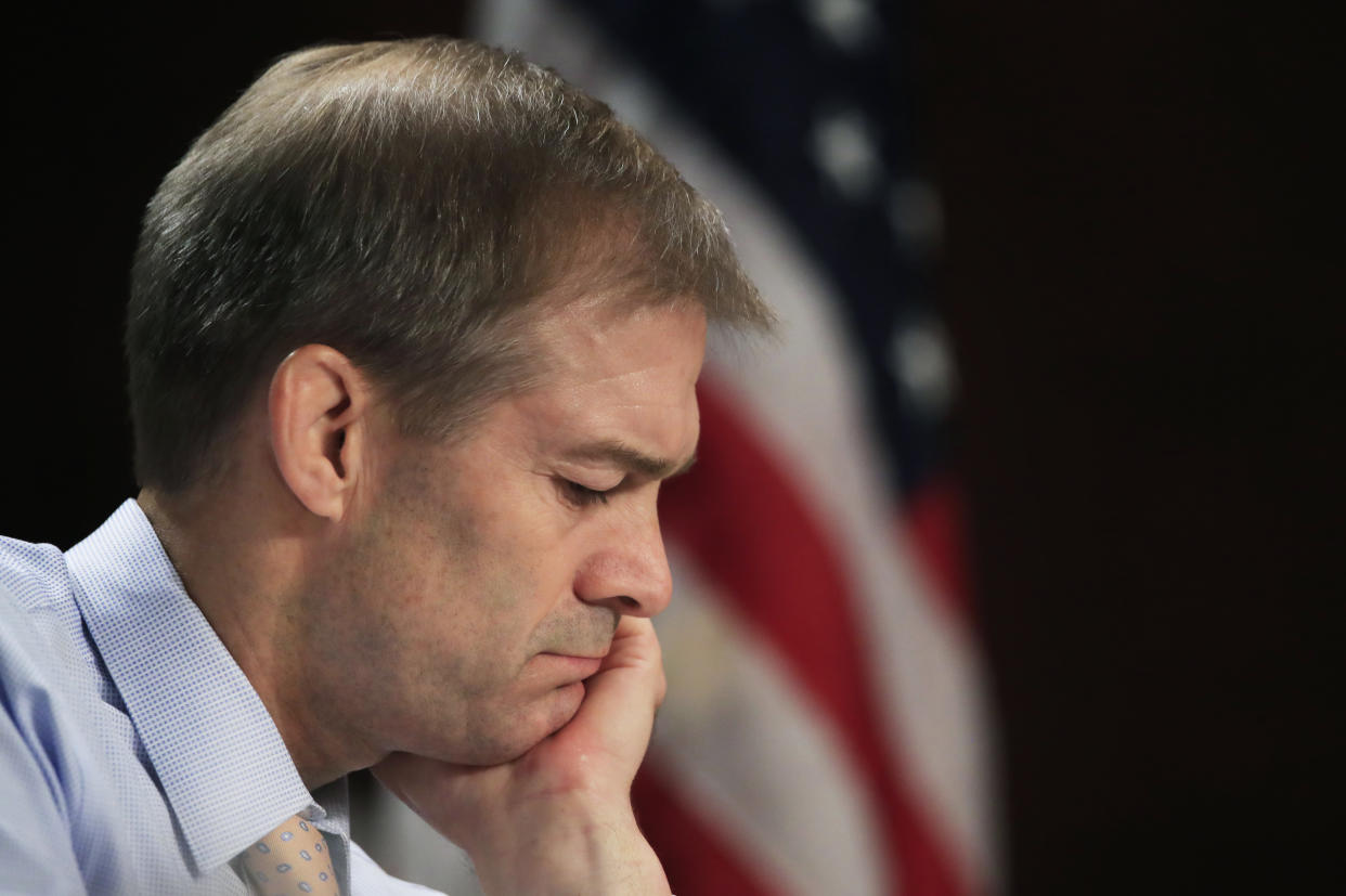 Jim Jordan continued to deny knowledge of alleged sexual abuse by a former OSU team doctor while attending a July 4 Tea Party rally. (AP)