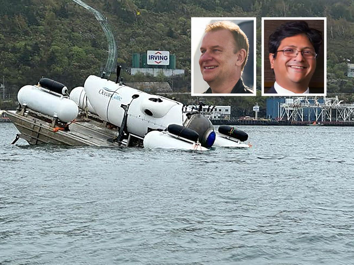 An image of the submersible and (inset) Hamish Harding and Shahzada Dawood (PA/WEF/AP)