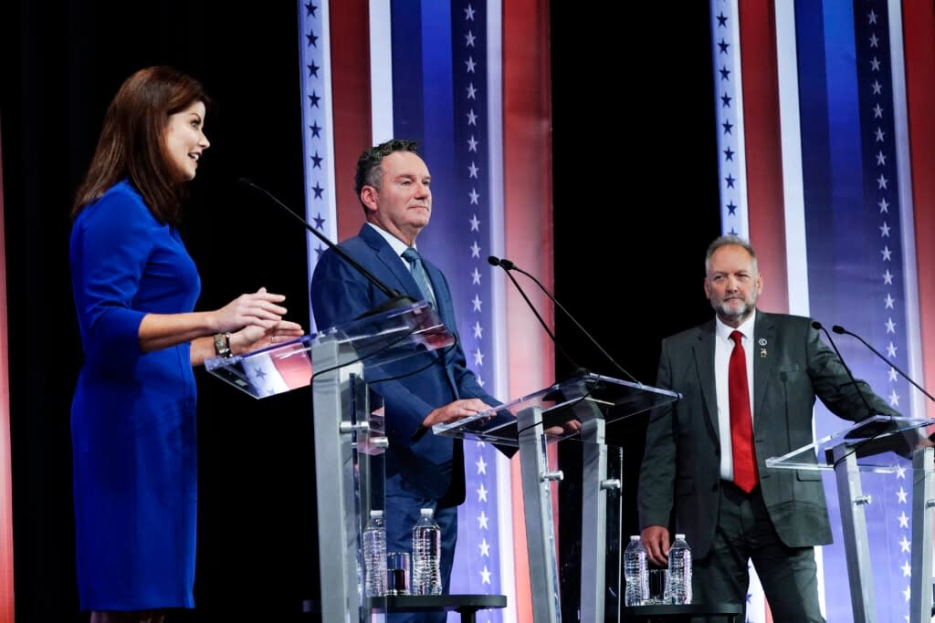 From left, Rebecca Kleefisch, Tim Michels and Timothy Ramthun participate in a televised Wisconsin Republican gubernatorial debate on July 24, 2022, in Milwaukee. The winner of next week’s primary will advance to face Democratic Gov. Tony Evers in November. (AP Photo/Morry Gash, File)
