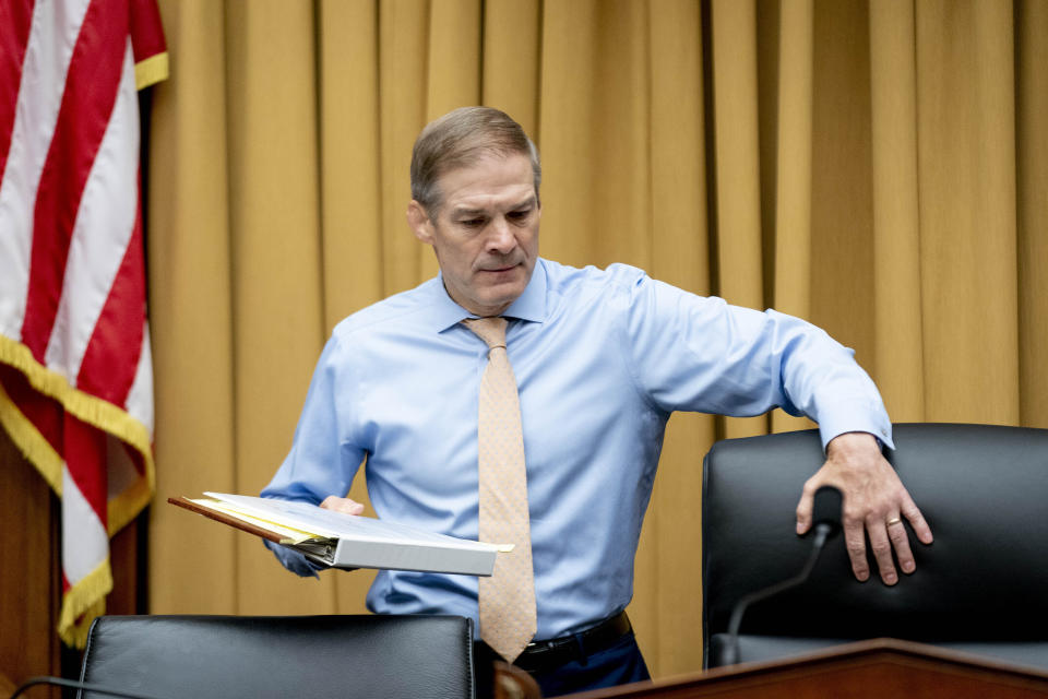 Chairman Rep. Jim Jordan, R-Ohio, arrives for a House Judiciary subcommittee hearing on what Republicans say is the politicization of the FBI and Justice Department and attacks on American civil liberties, on Capitol Hill in Washington, Thursday, May 18, 2023. (AP Photo/Andrew Harnik)