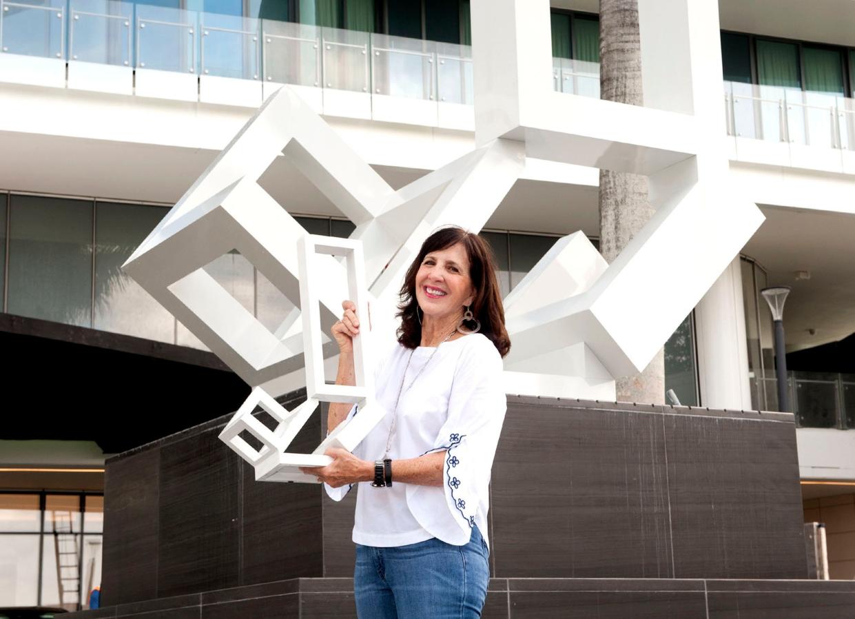 Jane Manus created an aluminum sculpture titled 'The Bristol' that is installed in front the The Bristol Palm Beach Monday August 5, 2019 in West Palm Beach.