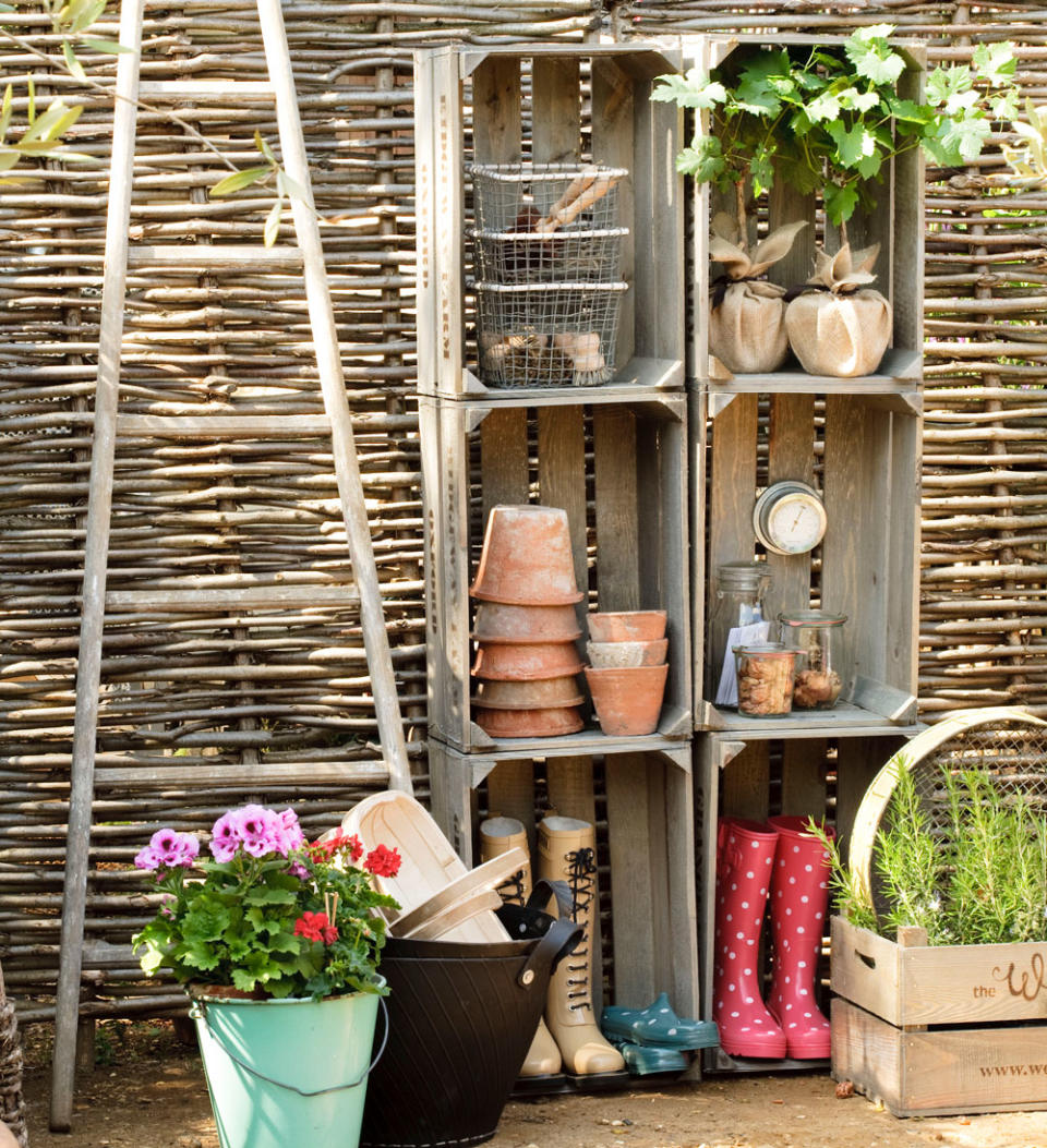 Upturn crates to fashion garden shelving