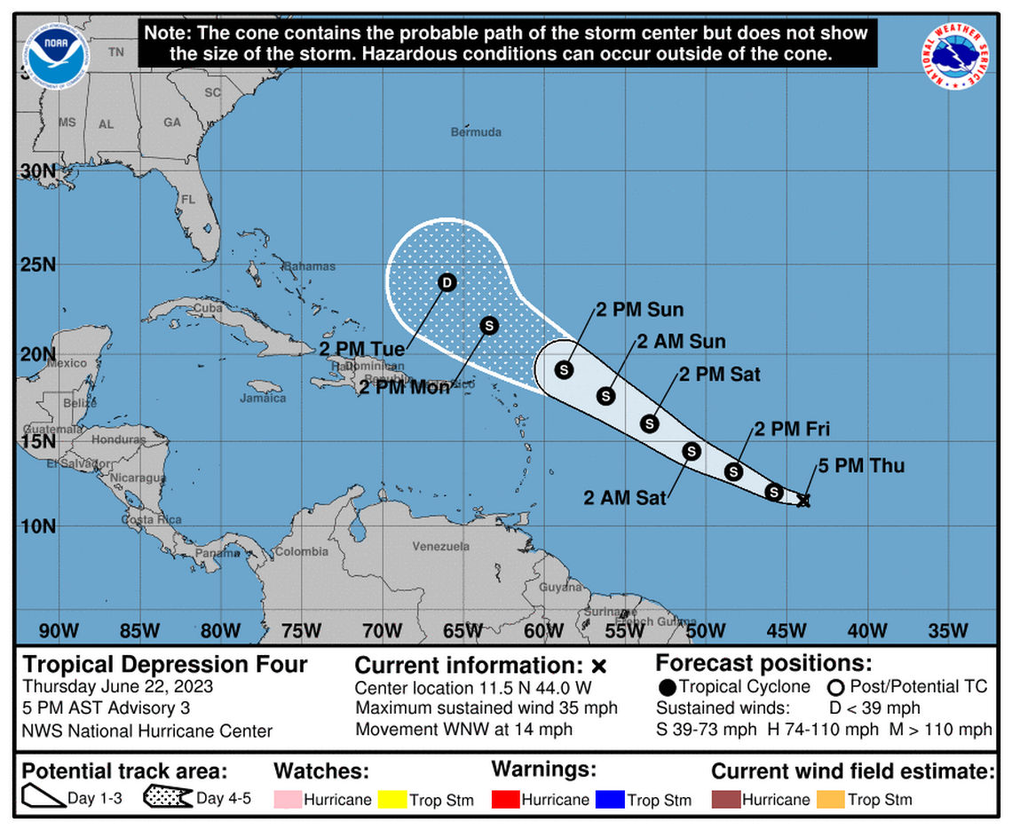 Tropical depression four has maximum sustained winds around 35 mph and is expected to slowly build up in the next three days. 