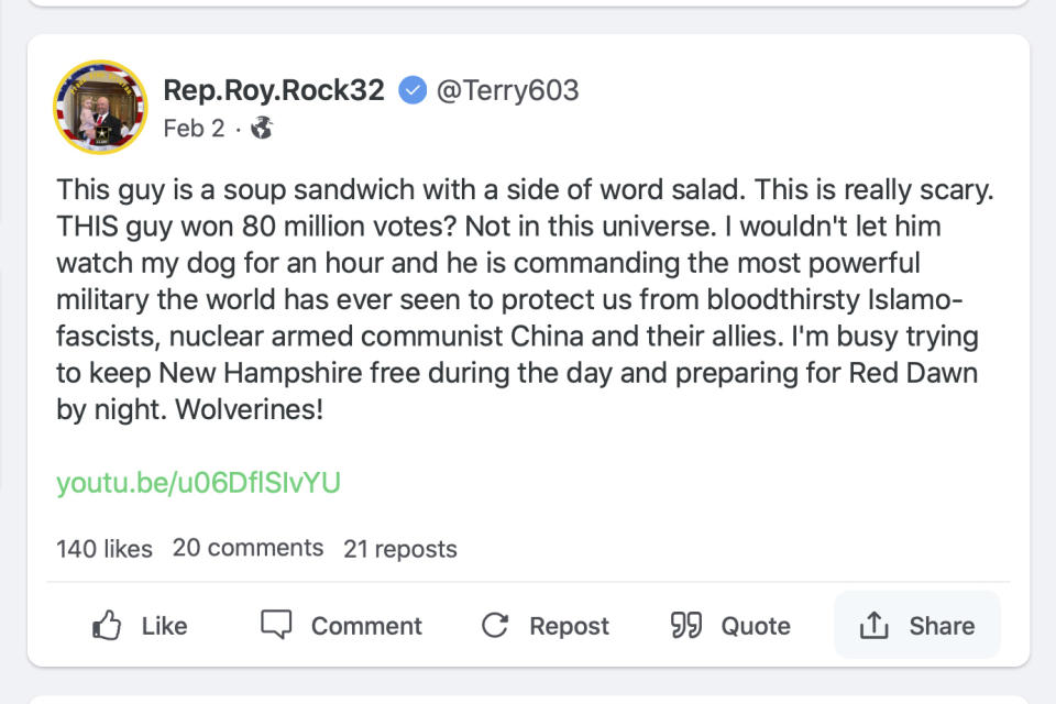 This image shows a Feb. 2, 2021, post by Republican New Hampshire state Rep. Terry Roy on the social media platform Gab. From local commissioners to state legislators, elected and appointed officials are using the reach of their social media platforms, amplified by algorithms that boost extreme content, to influence their communities, city councils, county boards and state assemblies. (AP Photo)