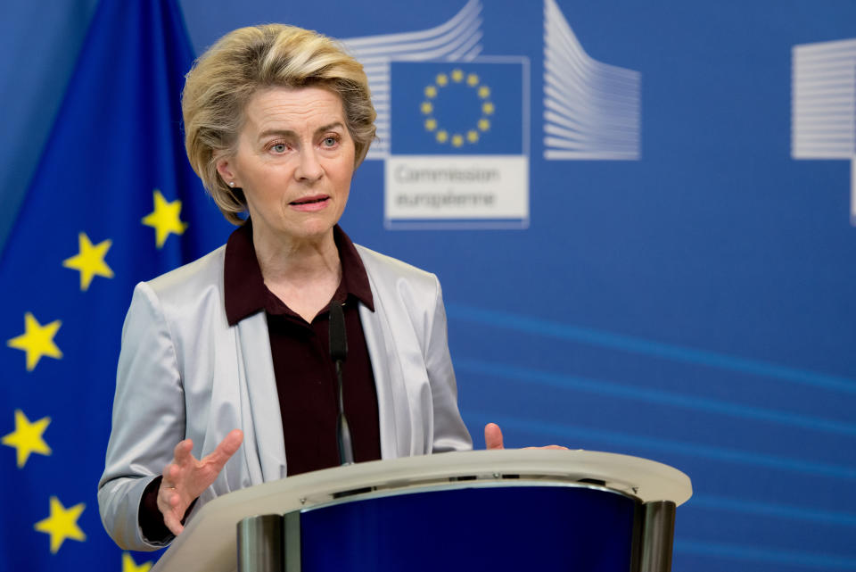 BRUSSELS, BELGIUM - NOVEMBER 24: European Commission President Ursula von der Leyen holds a press conference on Covid-19 vaccine after a college meeting at EU headquarters in Brussels, Belgium on November 24, 2020. (Photo by EU Commission/Pool/Anadolu Agency via Getty Images)