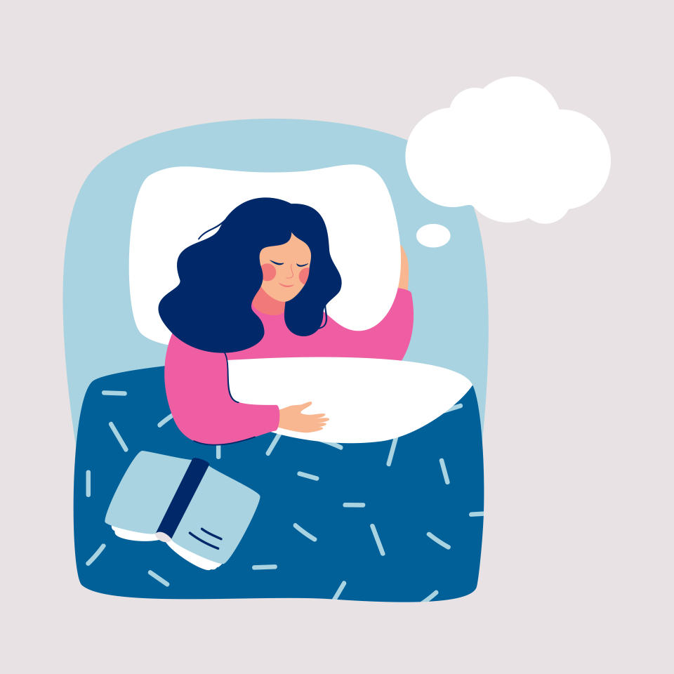 Woman sleeping at night in his bed and sees dream, in speech bubble. Human character Vector illustration.