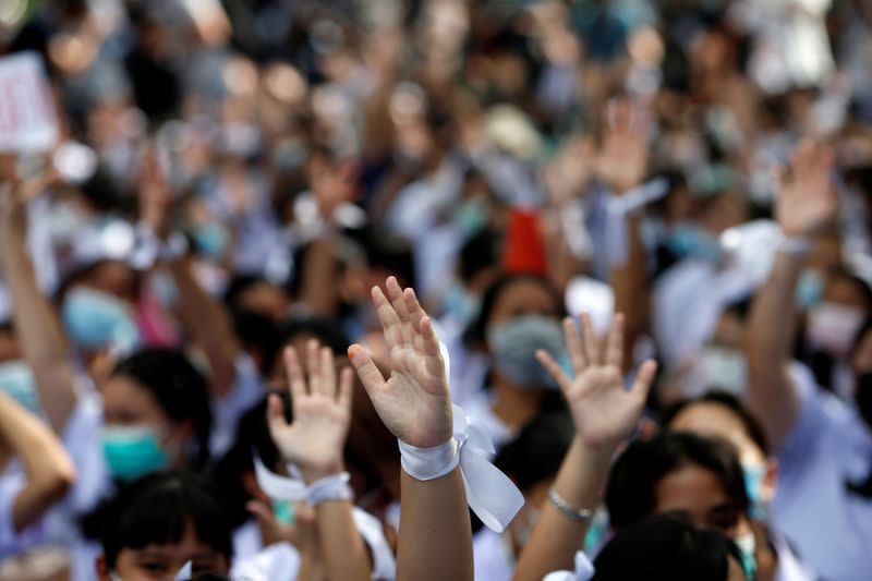 Anti-government protesters and students attend a demonstration in Bangkok