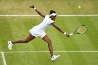 <p>Venus Williams of The United States plays a backhand during the Ladies Singles second round match against Maria Sakkari of Greece on day four of the Wimbledon Lawn Tennis Championships at the All England Lawn Tennis and Croquet Club on June 30, 2016 in London, England. (Photo by Shaun Botterill/Getty Images)<br>Restrictions</p>