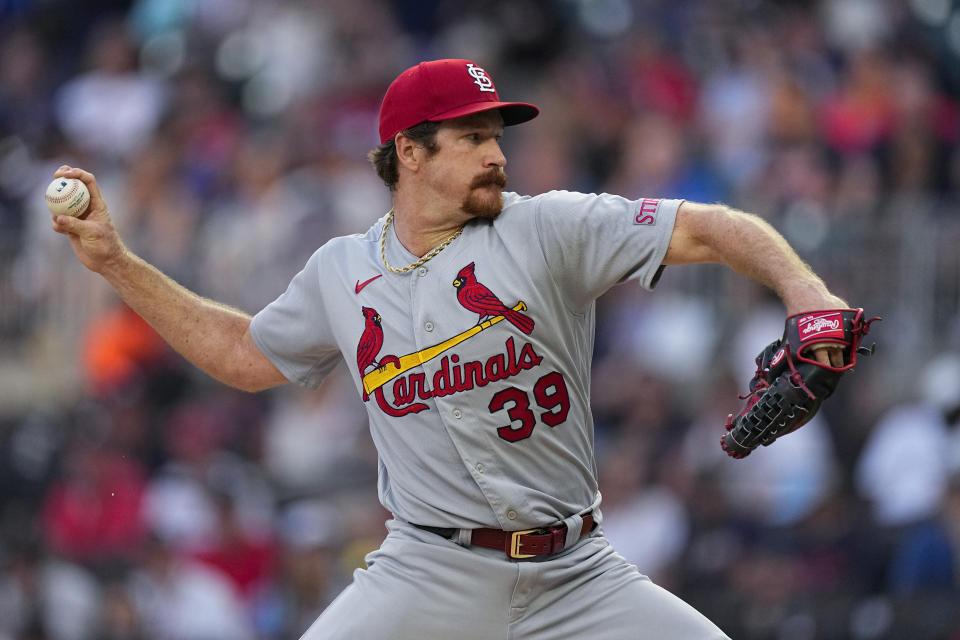 St. Louis Cardinals starting pitcher Miles Mikolas works against the Atlanta Braves in the first inning of a baseball game Tuesday, Sept. 5, 2023, in Atlanta. (AP Photo/John Bazemore)