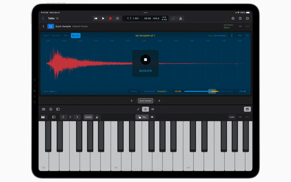 Con el nuevo modo Quick Sampler Recorder de Logic Pro, los usuarios pueden crear instrumentos sampler a partir de prácticamente cualquier sonido utilizando el micrófono incorporado del iPad o una entrada de audio conectada.