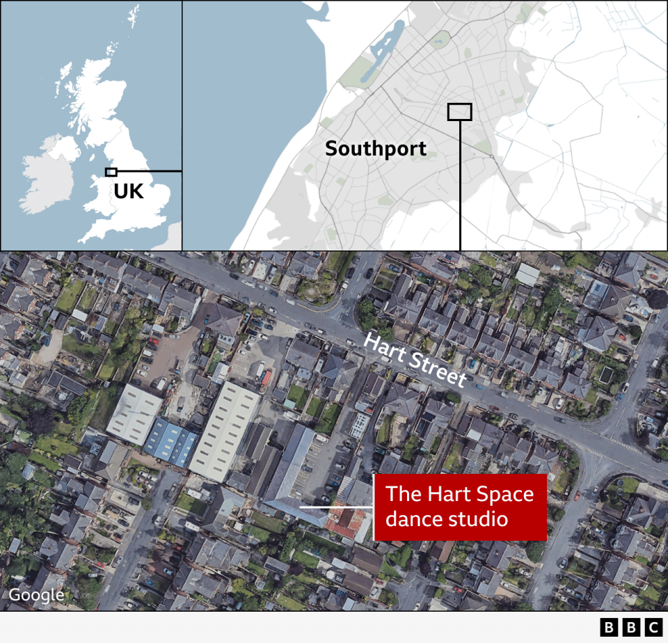 A satellite image showing the location of the Hart Space dance studio in relation to the rest of Southport.