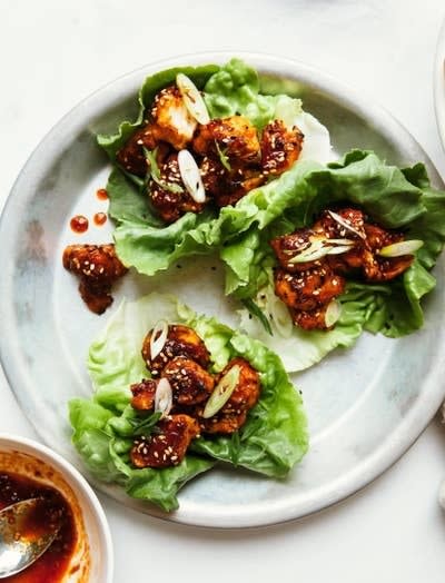 Sticky and Crispy Sesame Cauliflower on a plate