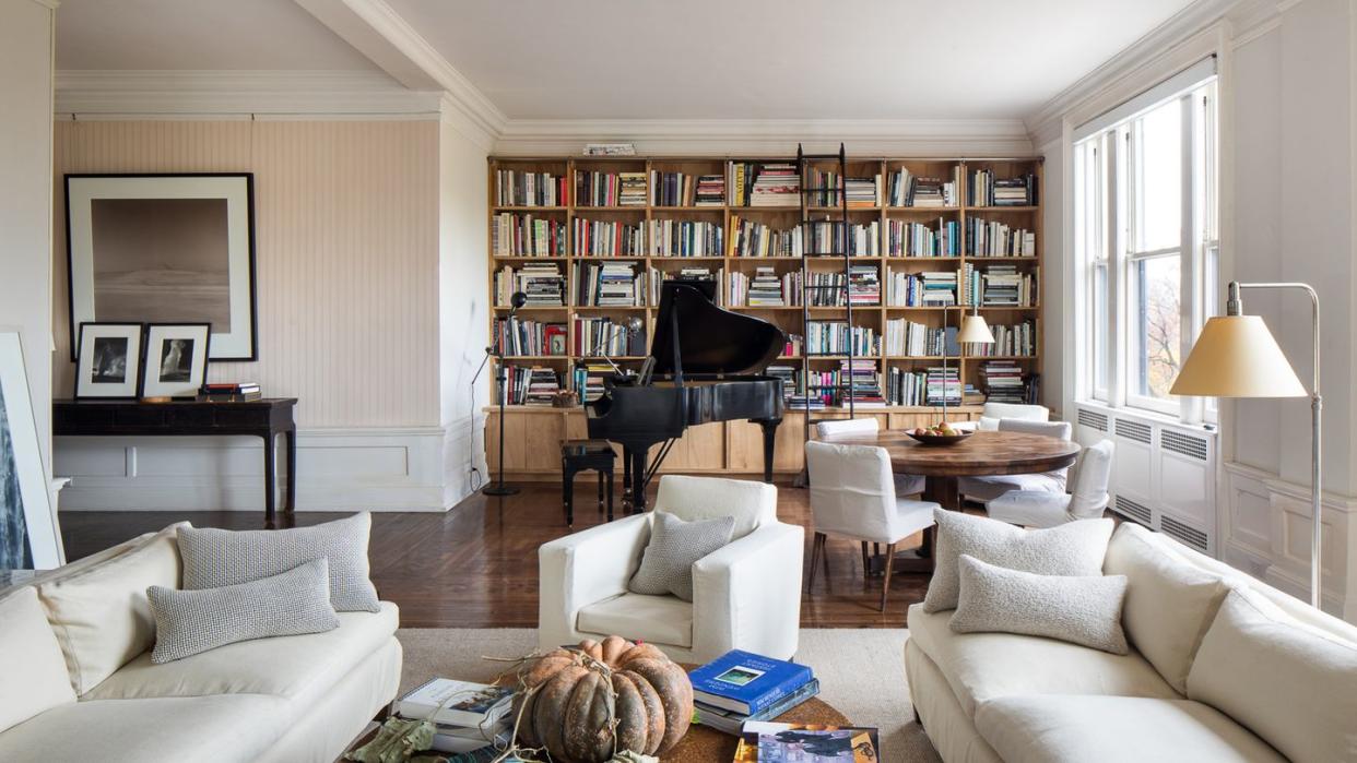 a living room with a bookcase