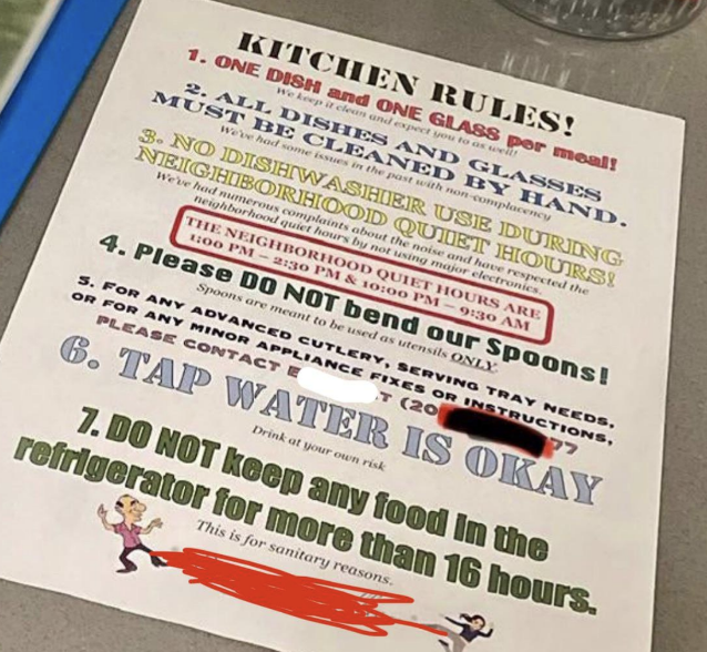Kitchen rules listed humorously on a poster, with 7 emphasized guidelines including no phones and bending spoons