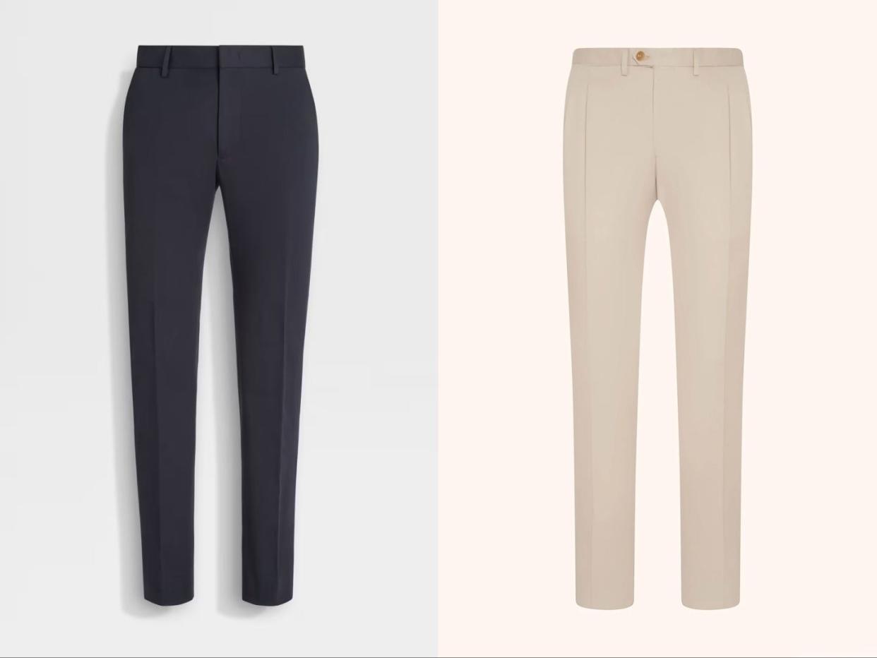A composite image of a pair of black pants from Zegna and a pair of cream pants from Kiton.