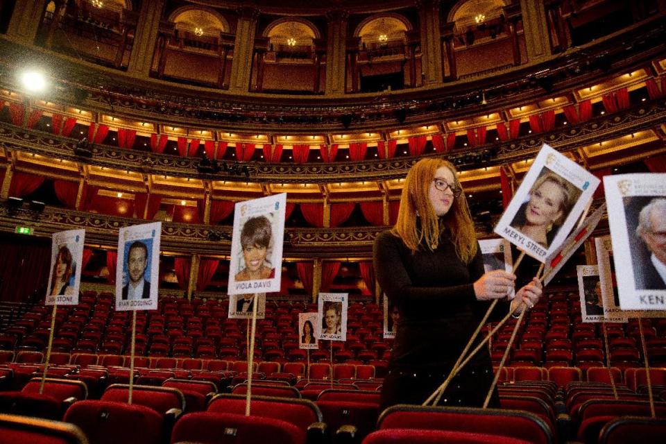 BAFTA staff lay out heads-on-sticks marking the seating plan at the Royal Albert Hall in London, Thursday, Feb. 9, 2017, ahead of the EE British Academy Film Awards on Sunday Feb. 12. (Photo by Joel Ryan/Invision/AP)