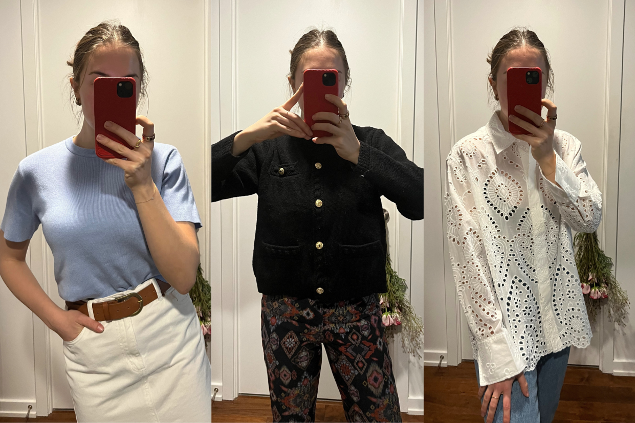 woman wearing blue shirt and white skirt, black sweater and patten pants, white eyelet long sleeve blouse and jeans, H&M spring, best H&M spring apparel