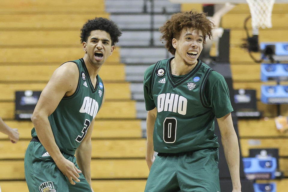 BLOOMINGTON, INDIANA - MARCH 20: Ben Roderick #3 and Jason Preston #0 of the Ohio Bobcats react during the game against the Virginia Cavaliers in the first round of the 2021 NCAA Men's Basketball Tournament at Assembly Hall on March 20, 2021 in Bloomington, Indiana. (Photo by Stacy Revere/Getty Images)