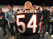 NEW YORK, NY - APRIL 03: Chicago Bears, Brian Urlacher is interviewed as Nike debuts their new NFL uniforms on April 3, 2012 in New York City. (Photo by Larry Busacca/Getty Images for Nike)