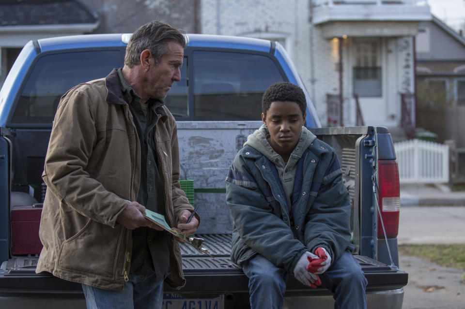 This image released by Lionsgate shows Dennis Quaid, left, and Myles Truitt in a scene from "Kin." (Alan Markfield/Lionsgate via AP)