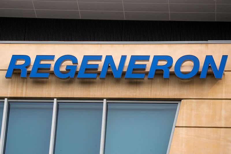 FILE PHOTO: The Regeneron Pharmaceuticals company logo is seen on a building at the company's Westchester campus in Tarrytown, New York