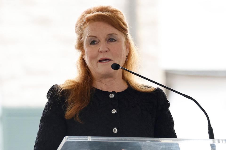 <p>Jason Kempin/Getty</p> Sarah Ferguson speaks at the public memorial for Lisa Marie Presley in Memphis, Tennessee in January.