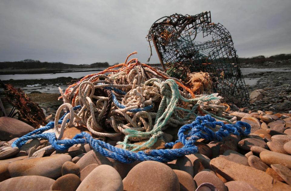 FILE - A washed-up lobster trap and tangled line sit on a beach in Biddeford, Maine, in this Nov. 13, 2009, file photo. The state's lobster industry has been in a legal battle for years over whether the ropes used to attach lobster traps to buoys pose a threat to the whales. (AP Photo/Robert F. Bukaty, File)