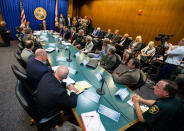 <p>Florida Gov. Rick Scott, far center, holds a statewide roundtable on school safety at the Florida Capital in Tallahassee, Fla., Feb 20, 2018. (Photo: Mark Wallheiser/AP) </p>