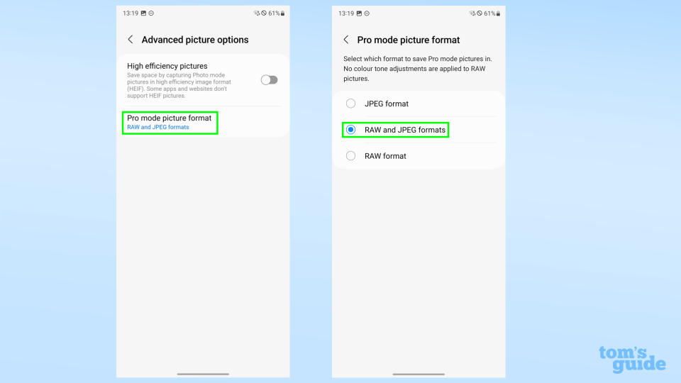 Two screenshots of the Samsung Galaxy S23's Advanced Picture Options menu, showing how to enable RAW format photos