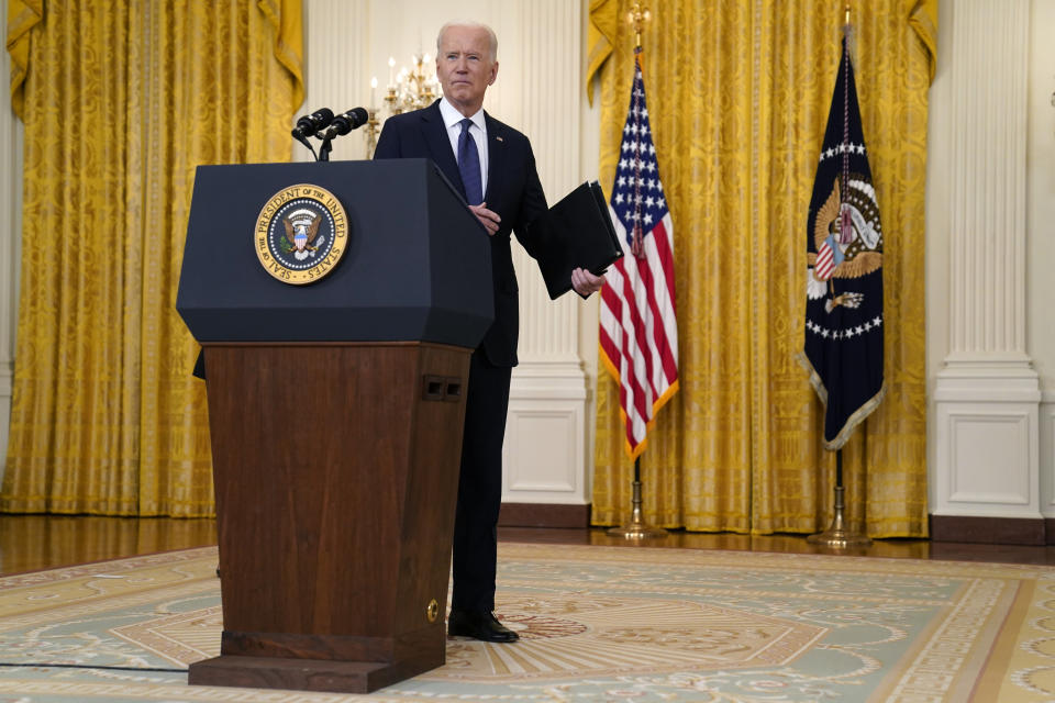President Joe Biden answers a question from a reporter after speaking about the economy, in the East Room of the White House, Monday, May 10, 2021, in Washington. (AP Photo/Evan Vucci)